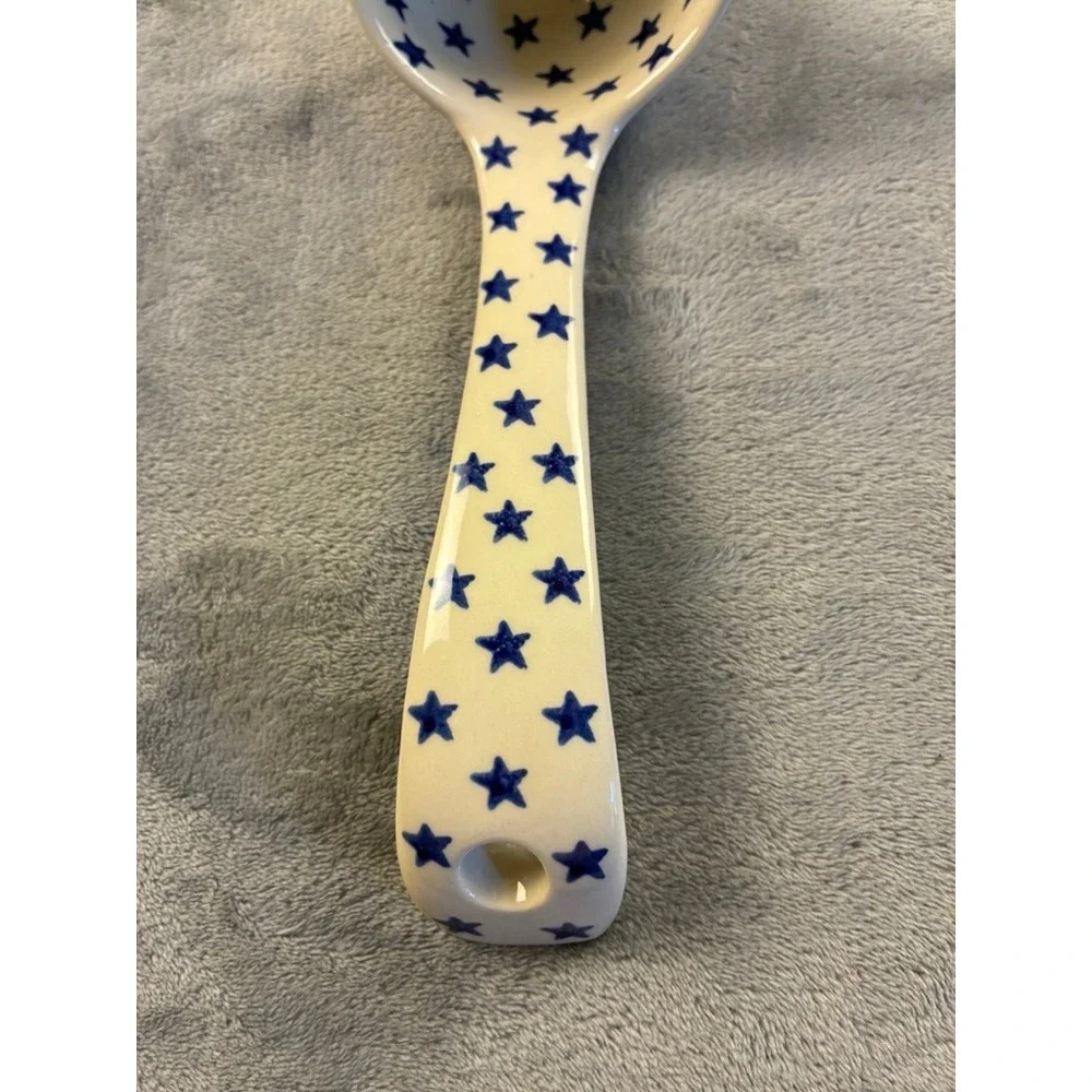 Poland Hand Made Polish Pottery Ladle Blue Rose Pattern Pour Spout 9.5in